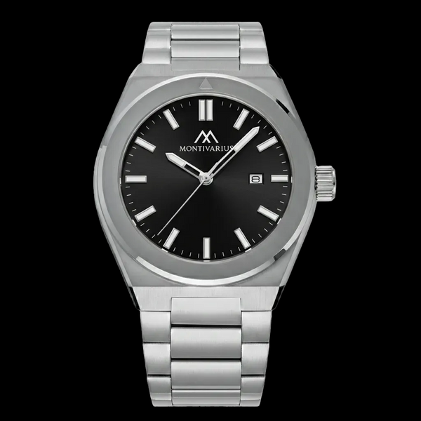 Silver watch with black dial on a black background